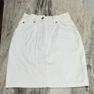 Perry Ellis America Denim Skirt Womens 4 White Cotton High Waist Raw Hem Vintage